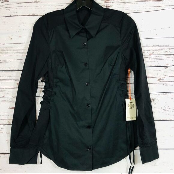 Ramy Brook Lace Up Button Down Lila Cotton Shirt Top Black XS S - Picture 3 of 7